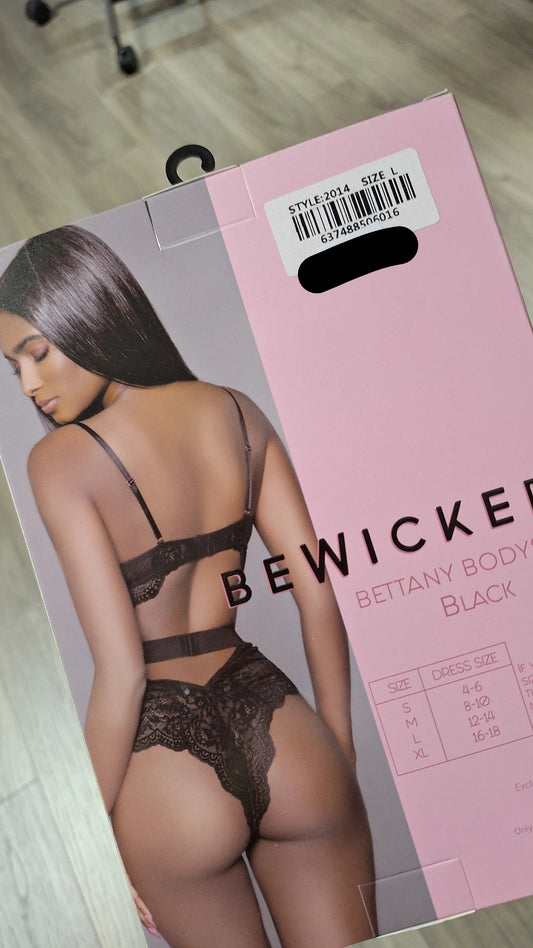 Lingerie set with 'Bewicked' packaging
